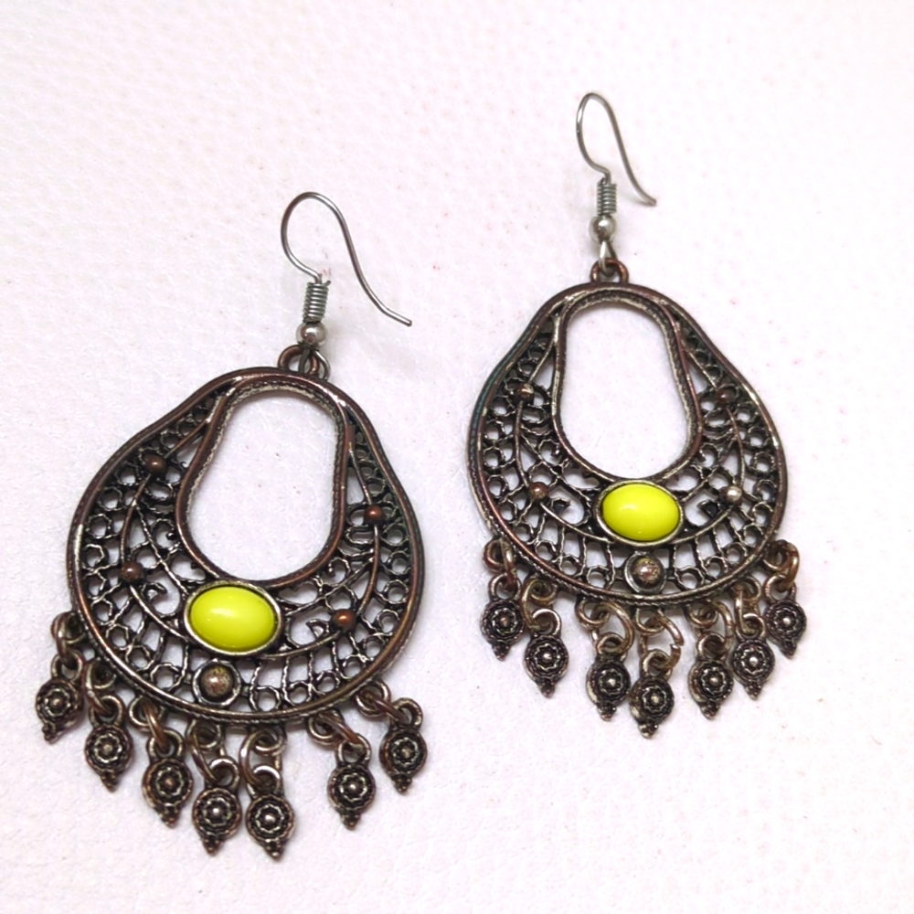 Intricate Brushed Bronze Dangle Earrings with Neon Yellow Stone Embellishment